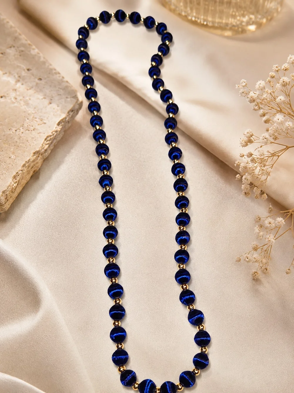 Lustrous Navy Satin Bead Necklace with Gold Accents
